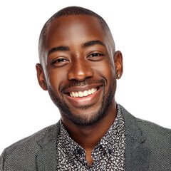 Obraz premium A headshot of a smiling Black man with short hair, wearing a gray jacket and patterned shirt against a transparent background. background removed