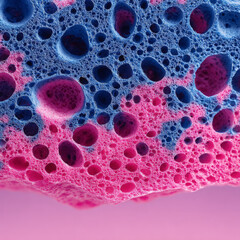 Close-up view of vibrant, colorful foam with blue and pink bubbles, showcasing intricate textures and patterns, ideal for abstract art or design backgrounds