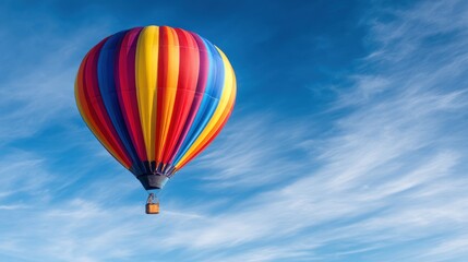 Fototapeta premium Vibrant hot air balloon soaring through a clear blue sky with wispy clouds in the background