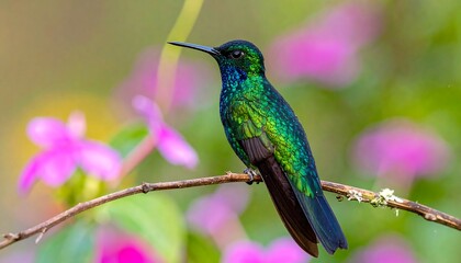 Fototapeta premium A vibrant hummingbird, iridescent with emerald and sapphire hues, perches gracefully on a branch amongst a backdrop of out-of-focus pink flowers, creating a captivating nature scene.