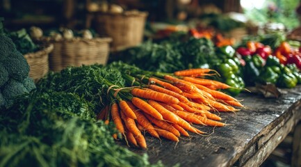 Fresh carrots, greens, and produce at market stall