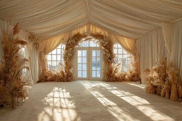 Light-filled, airy event space with beige drapes and dried flower arch