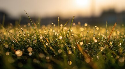 Dew-kissed grass at dawn. Soft focus on blades of grass covered with morning dew drops, bathed in golden sunlight