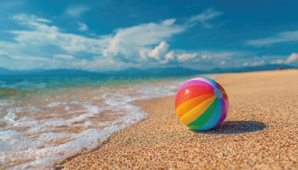 Obraz premium Colorful beach ball on golden sand, ocean waves