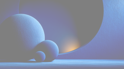 円形の窓から光が差し込む青い抽象的な空間と球体