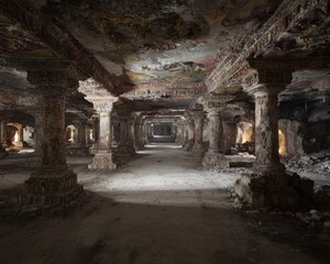 Abandoned Underground Corridor With Painted Walls