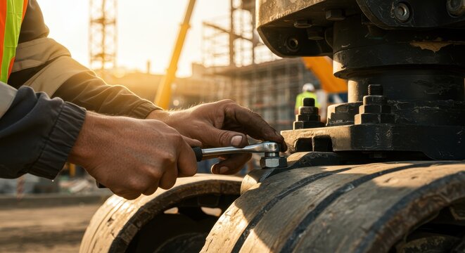 Close-up view of a construction worker's hands tightening a bolt on a heavy machinery component, showcasing precision and skilled labor in a bustling outdoor construction site.