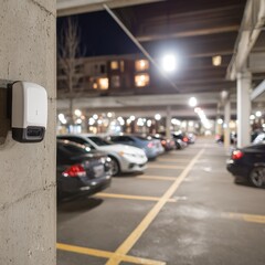 Modern parking garage interior with row of cars and security device mounted on concrete pillar