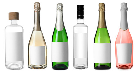 Bottles with empty labels isolated on white, set. Alcoholic drinks