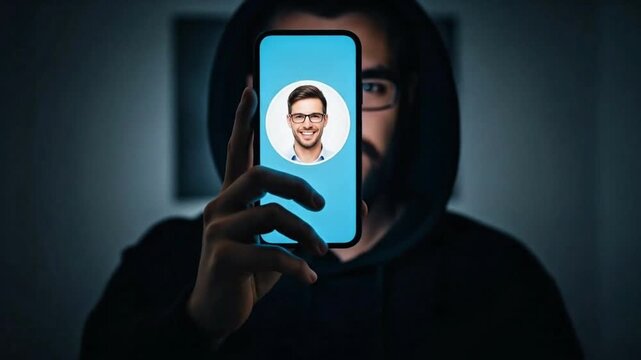 Hooded man concealing identity with a phone displaying a smiling face