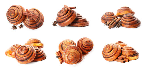 Cinnamon rolls and sticks isolated on white, set