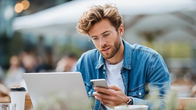 A young man focused on his laptop while checking his smartphone in a cozy cafe setting.