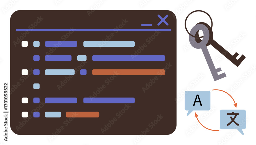Wall mural programming window with colorful lines of code, two keys, and translation bubbles with arrows. ideal
