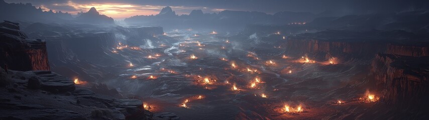 Mysterious Landscape Illuminated by Scattered Fires