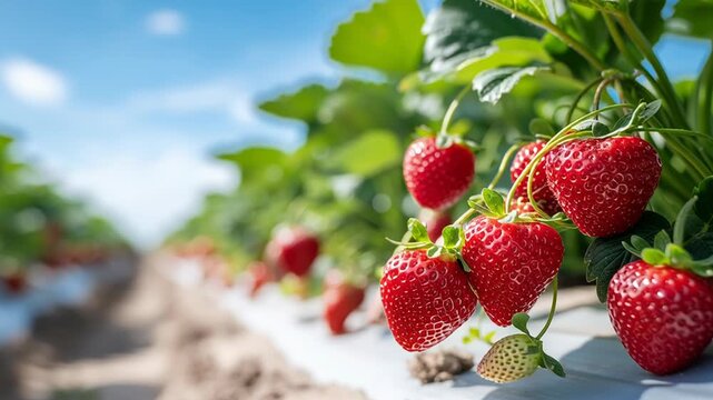 Fresh strawberries growing on plants in a sunny field with a blue sky in the background.