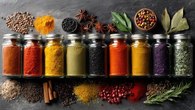 Colorful spice jars arranged on a dark grey surface. Various ground spices, whole spices, and herbs surround the jars