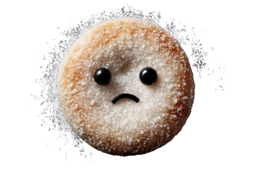 A sugar-coated pastry with a sad face, isolated on a transparent background. background removed