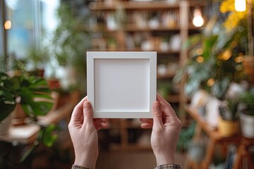 Blank white frame held by hands in a plant shop