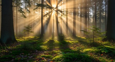 Obraz premium Sunbeams Through Forest Trees.