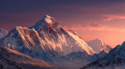 Majestic mountain peak bathed in vibrant sunset hues. Snowy mountain range