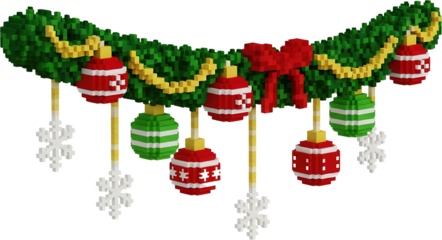 Festive voxel garland with red and green baubles snowflakes and a red bow isolate new year christmas