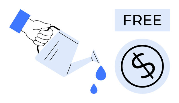 Hand with a watering can pouring water drops toward a dollar coin symbol and Free text. Ideal for investment, growth, finance, opportunity, savings, generosity, sustainability concepts. Simple flat
