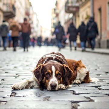 A dog resting on a cobblestone street, with a blurred crowd in the background