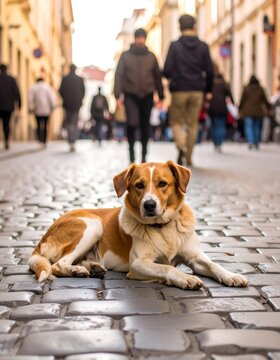 A dog resting on a city street, with blurred people walking in the background