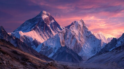 Majestic snow-capped mountains at sunset. Dramatic peaks of a mountain range, bathed in vibrant colors of a fiery sunset.  Vast, snowy slopes ascend into the sky