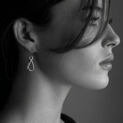 Elegant profile of a woman wearing a delicate infinity symbol earring in black and white