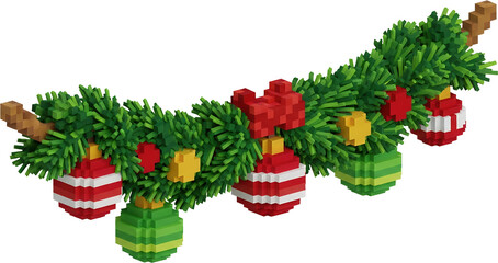 Pixelated Christmas garland with baubles stars and bows isolate new year festive holiday decoration evergreen