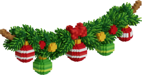 Pixelated Christmas garland with baubles stars and bows isolate new year festive holiday decoration evergreen