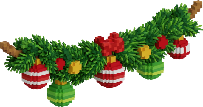 Pixelated Christmas garland with baubles stars and bows isolate new year festive holiday decoration evergreen