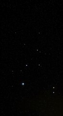 Fototapeta premium A dark night sky image showcasing a constellation, possibly Pisces, with several stars of varying brightness against a backdrop of countless fainter stars.