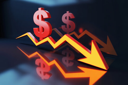 Dollar signs and downward trend arrow symbolizing financial decline