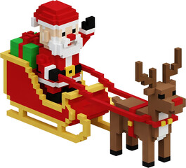 Pixel art Santa Claus riding a reindeer pulled sleigh with gifts isolated for new year christmas voxel art