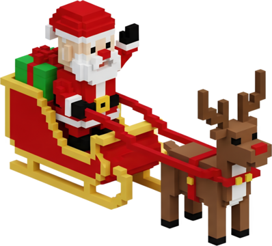 Pixel art Santa Claus riding a reindeer pulled sleigh with gifts isolated for new year christmas voxel art