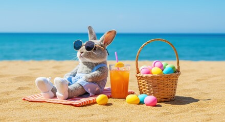 Easter Bunny Beach Day Relaxing with Colorful Eggs and a Tropical Drink