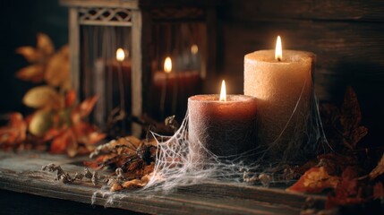 Cozy autumn candle display with spider webs and dried leaves in a rustic setting
