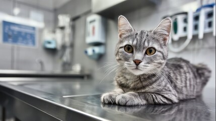 Gray tabby cat relaxes on a stainless steel table in a veterinary clinic during a routine check-up