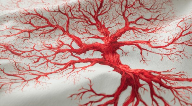 Red tree branches on a draped, off-white fabric