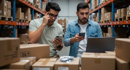 Two men collaborating and using technology in a warehouse filled with boxes.