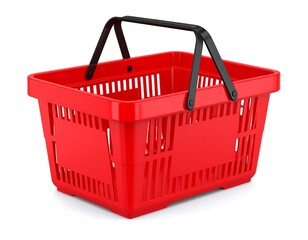 A vibrant red shopping basket with black handles is displayed against a plain white background.
