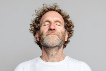 Obraz premium man with tightly pressed lips conveys deep internal pain on clean solid background