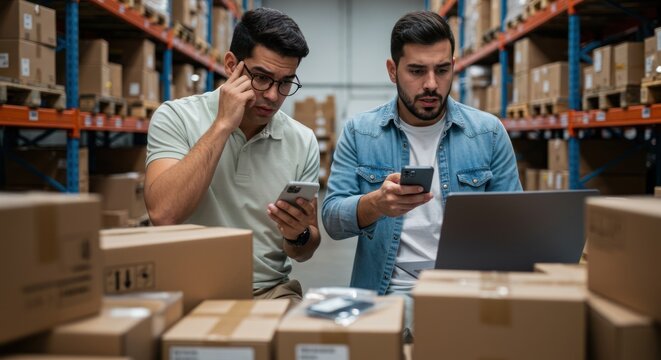 Two men collaborating and using technology in a warehouse filled with boxes.