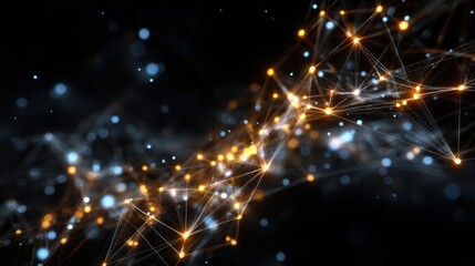 Obraz premium Dynamic network of glowing nodes and interconnected lines creating a mesmerizing visual display in dark space at night