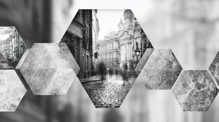 Urban street scene in hexagon mosaic