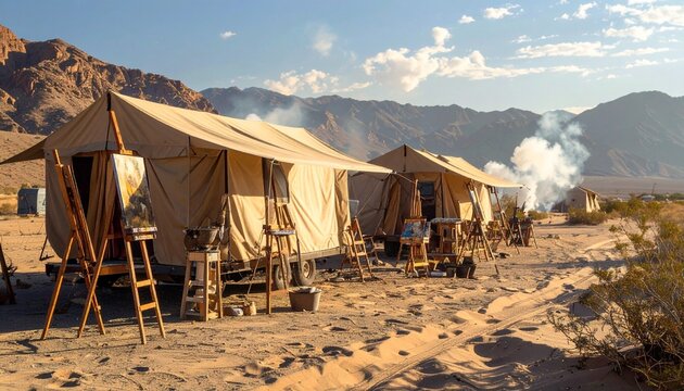 Desert painting caravan; easels under canvas awnings, sunburnt palettes, caravan tents puffing smoke.