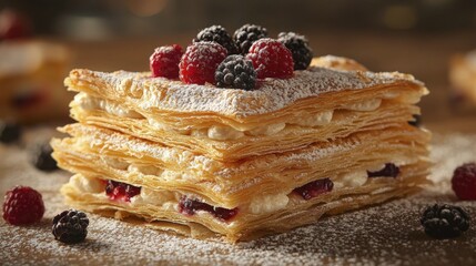 Delicious mille-feuille pastry with fresh berries on top, dusted with powdered sugar.