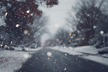 Gentle snowfall blankets a quiet suburban street, creating a serene winter wonderland.
